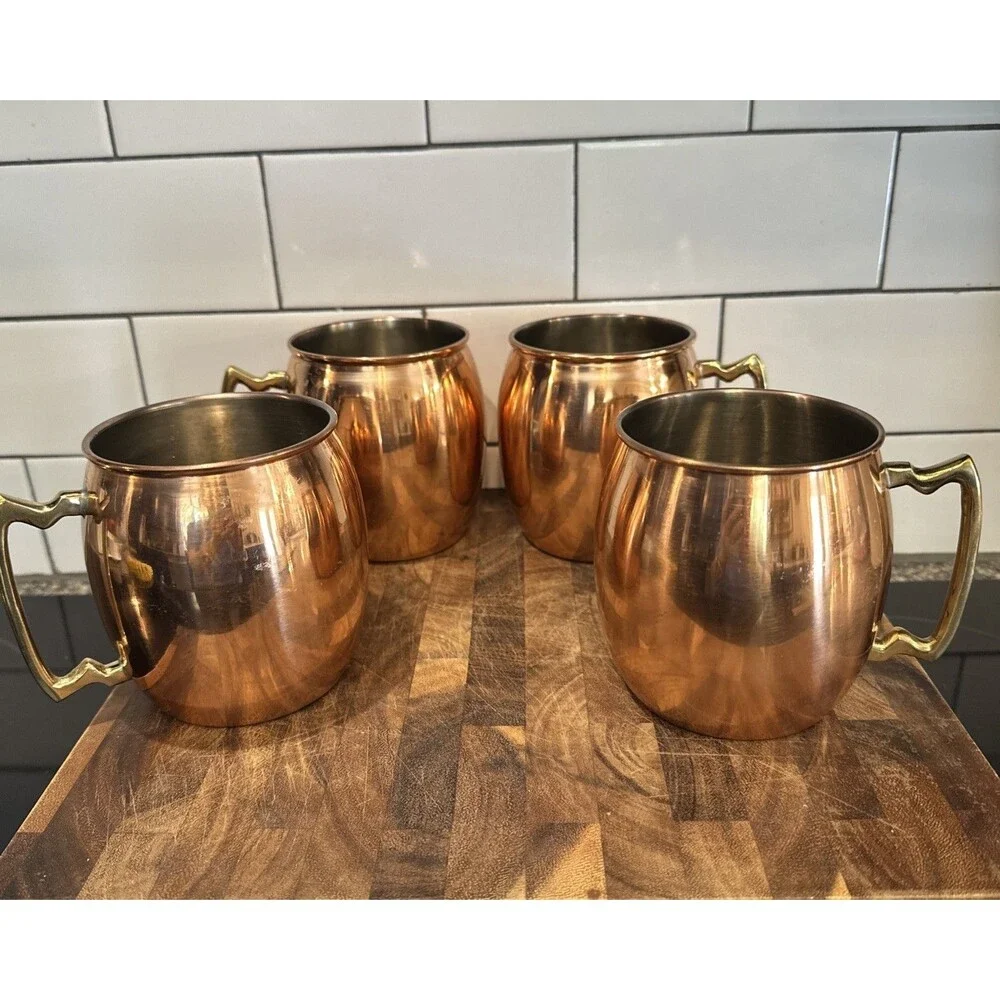 Vintage-Style Smooth Copper Moscow Mule Mugs with Gold Handles Set of 4 EUC